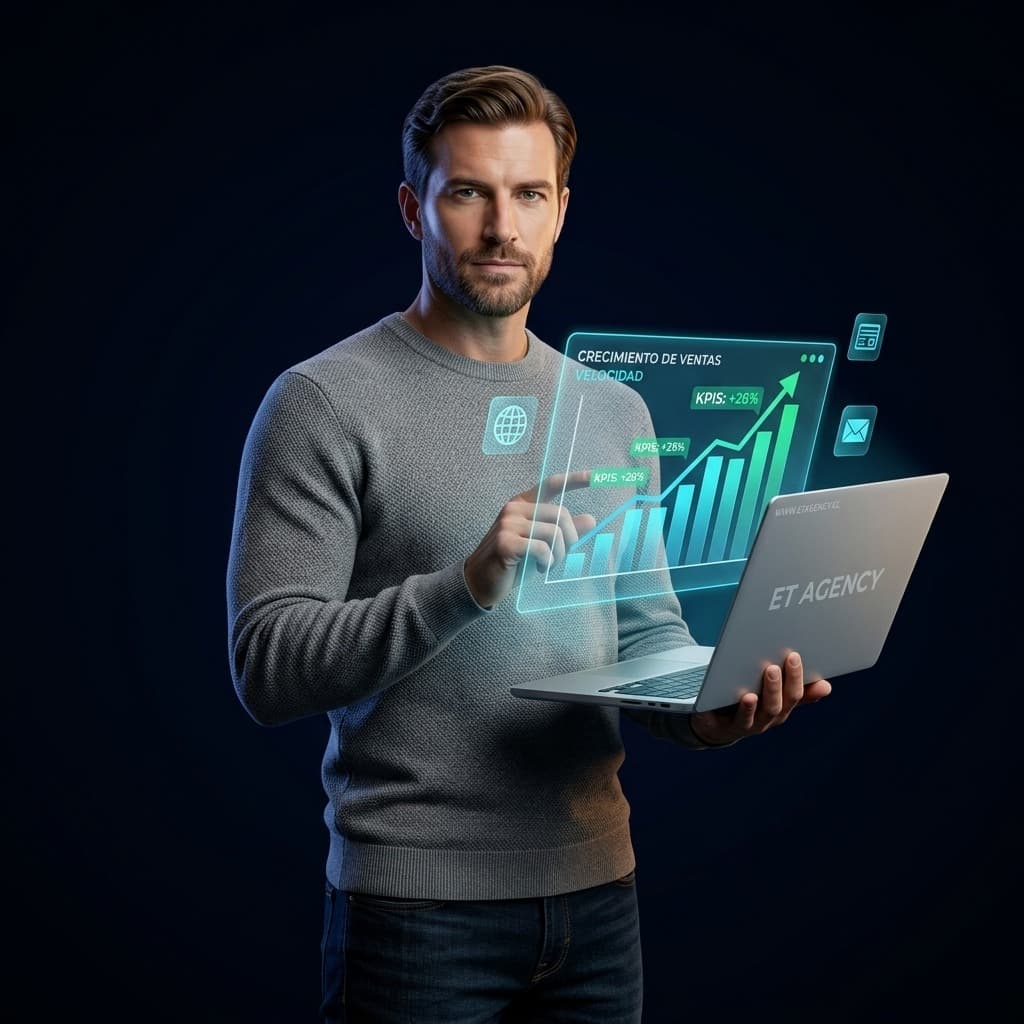 Consultor ET Agency analizando crecimiento de ventas con laptop en Chile